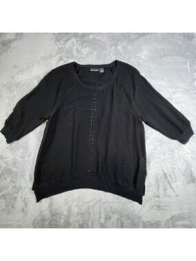 DKNY Sheer Ribbed Top XL Black Knit Embellished Asymmetrical Chic Stylish Rocker